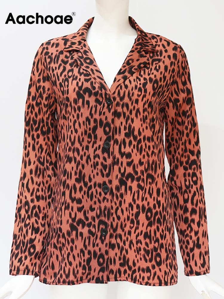 Aachoae Women Blouses Autumn Leopard Blouse Long Sleeve Turn Down Collar Lady Office Shirt Loose Tops Blusas Chemisier