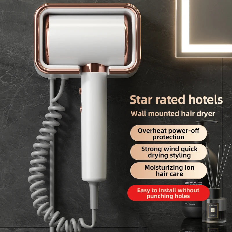 New Wall Mounted Hotel Hair Dryer with No Punching, Home Bathroom, Hotel 2000W High Power Blue Light Electric Hair Dryer