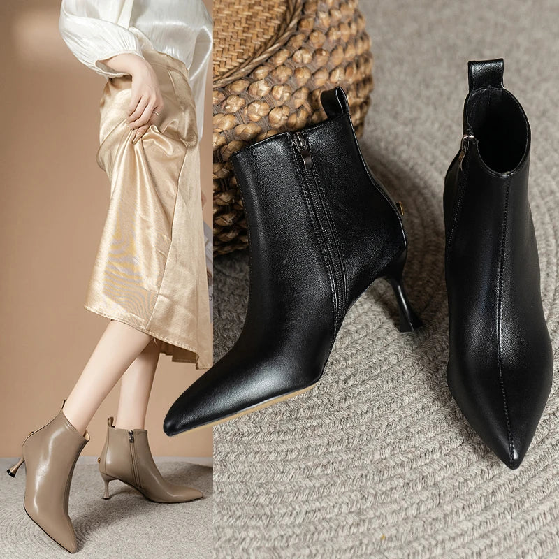 2024 Winter Shoes Women Leather Boots Brand Design Pointed Toe Solid Black White Low Heels Ankle Boots Female Sexy Cowboy Boots