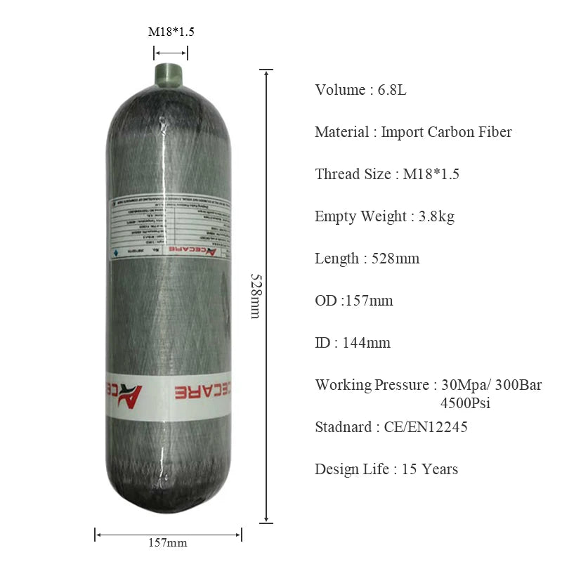 Acecare 3L/6.8L/9L CE Carbon Fiber Scuba Diving Tank Bottle 30Mpa 300Bar 4500psi with Valve Fill Station M18*1.5 SCBA Firesafety