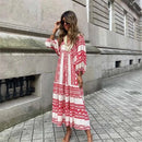 Puff Sleeve Boho Maxi Dress Women Summer Fashion V Neck Floral Splicing Half Sleeve Dress Female Loose Ankle-Length Beach Dress