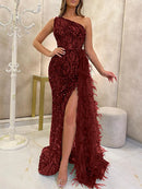 Women 2024 Loungewear Sequins Party Dress, Skew Collar Fashion Patchwork Maxi Dress, Sleeveless Elegant Ladies Dress Streetwear