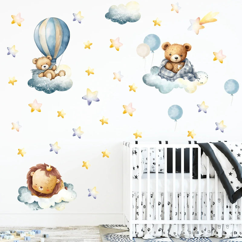 Cute Cartoon Bear Lion Animal Star Wall Stickers for Kids Room Bedroom Nursery Home Decoration Wall Decals