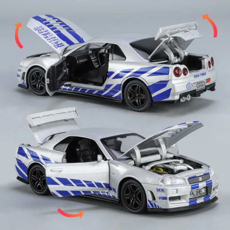 1:32 NISSAN Skyline Ares GTR R34 Alloy Sport Car Model Diecast & Toy Racing Vehicles Car Model Simulation Sound Light Kids Gifts