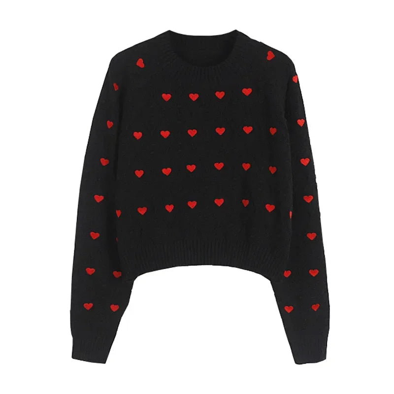 Women Fashion Heart Love Embroidery Knitted Pullover Sweater Vintage Long Sleeves O-Neck Female Chic Lady Tops C-153