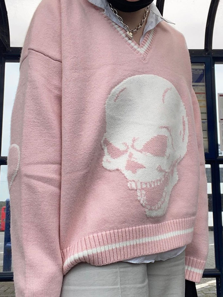 Darlingaga Harajuku Skull Print Y2K Loose Autumn Winter Sweater Women Pullovers Casual Knitwear Jumpers 2023 Korean Sweaters New