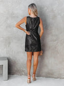 Sleeveless PU Leather Tank Dress Women Vintage Square Neck Loose Dress Party Black Costume Mini Dress Summer Clubwear Custom