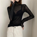 Sexy Women T Shirt See Through Transparent Mesh Tops Long Sleeve Sheer Slim Ladies Solid Turtleneck Silk T-Shirt Lace Crop Top