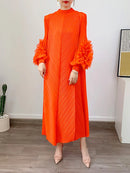 GVUW Women‘s New Pleated Dresses Round Collar Solid Color Appliques Loose Long Sleeve 2024 Spring Female Fashion Clothes 17J0207