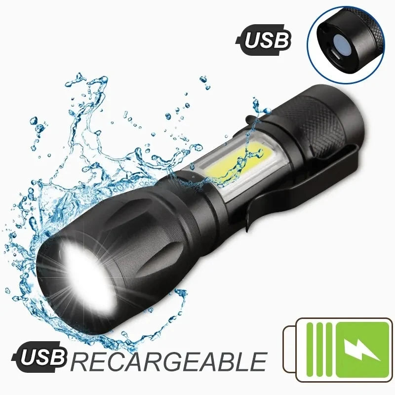 USB Rechargeable Mini LED Flashlight Zoomable COB+XPE Torch Outdoor Camping Hiking Waterproof Emergency Lighting Work Lantern