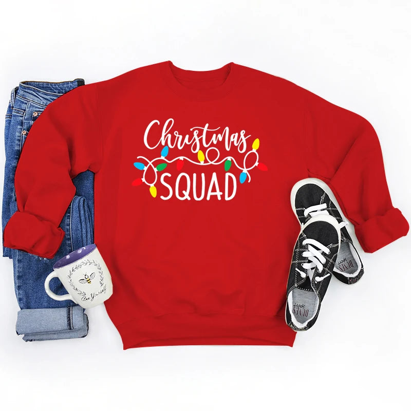 Christmas Lights Christmas Squad Print Crew Neck Sweatshirts Fashion Print Women Christmas Casual Sweatshirts Xmas Gifts