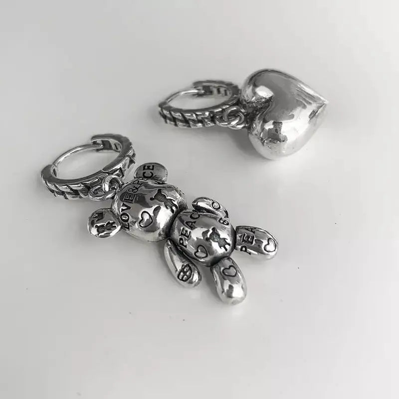Anti Allergy 925 Silver Needle Ladies Tassels Stud Earrings Vintage Accessories Little Bear LOVE Heart Asymmetric Party Jewelry