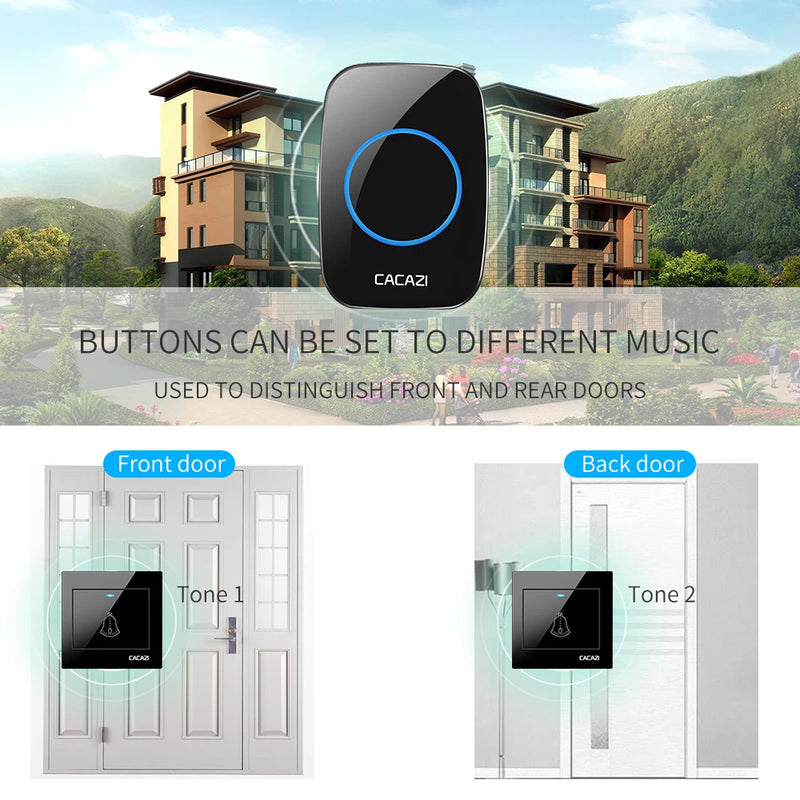 CACAZI Wireless Home Welcome Doorbell Waterproof 300M Remote US EU UK Plug Cordless Door Ring Bell Chime 1 2 Button 1 2 Receiver