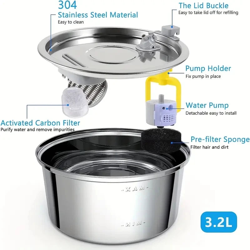 3.2L Large Capacity Dog Cat Water Dispenser with Quiet Pump Automatic Stainless Steel Cat Dog Water Fountain with Single Spout