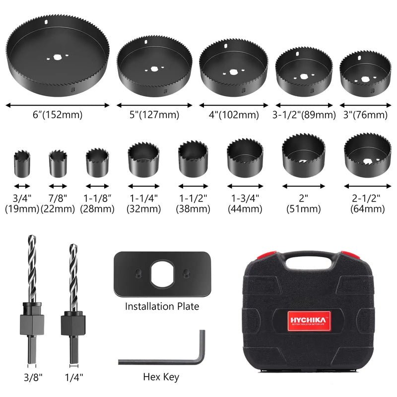 HYCHIKA 19-152mm Hole Saw Set with Storage Box Black for Electric Drill Drilling Wood Wood Metal Plastic Power Tools Accessories