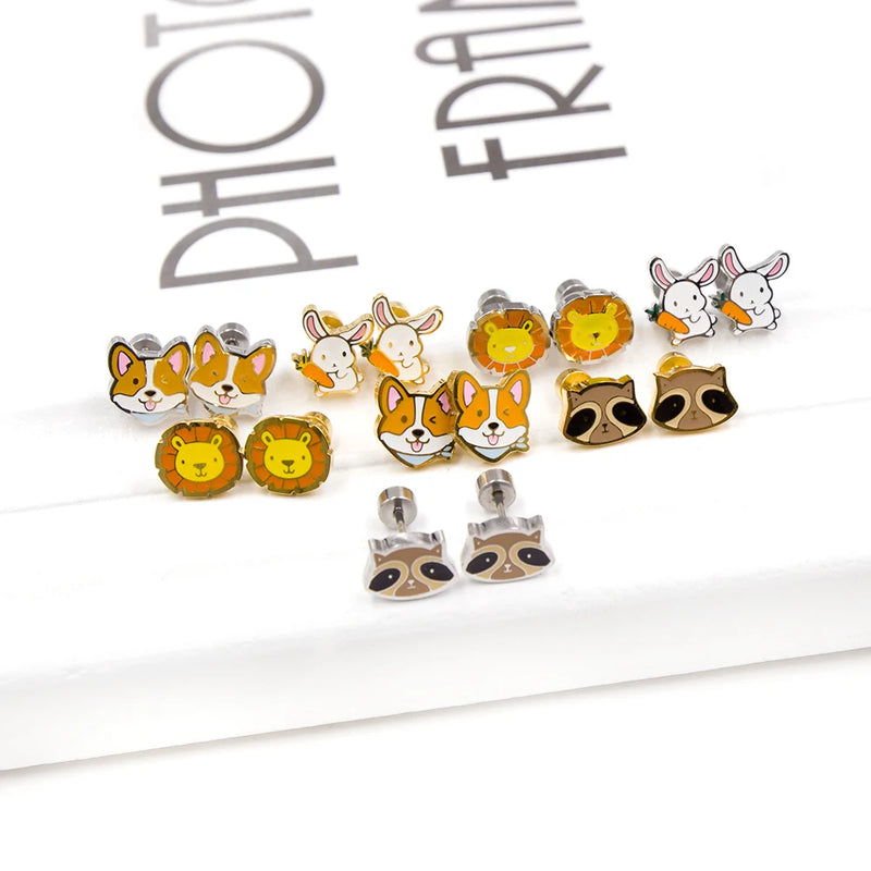 LUXUSTEEL Lovely Coloful Animal Stud Earrings For Girls Stainless Steel Anti-allergy Rabbit Penguin Dog BFF Jewelry Gifts
