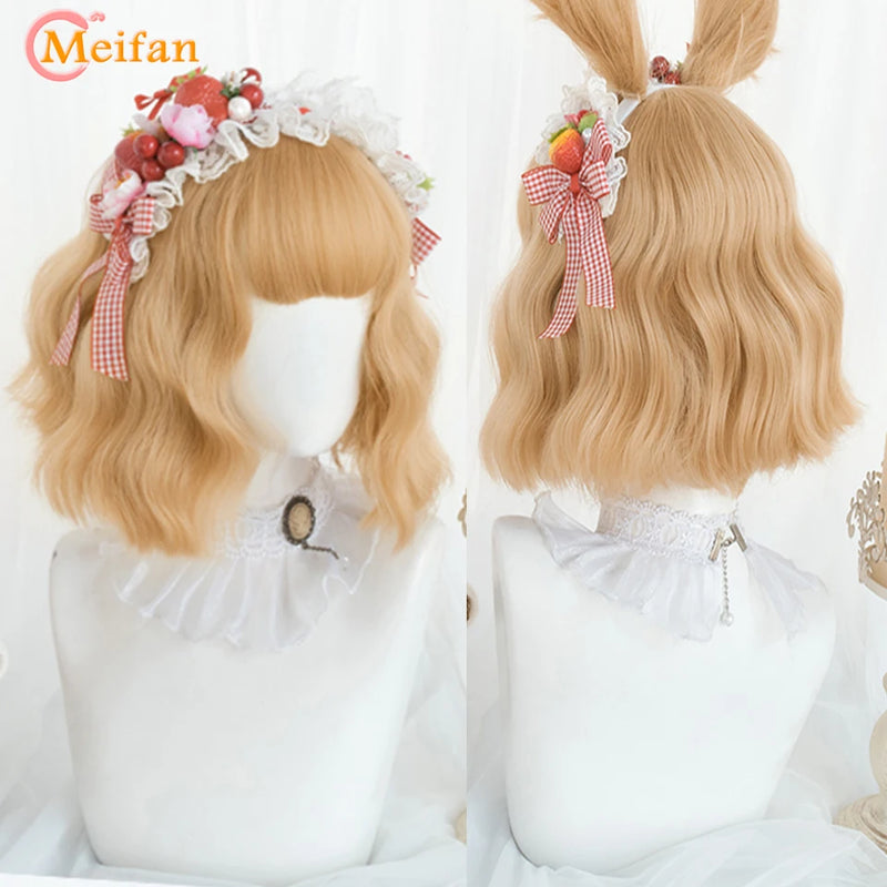 MEIFAN Synthetic Short Bob Color Lolita Anime Wigs With Air bangs for Women Natural Fake Hair Black Blue Lolite Cosplay Wig