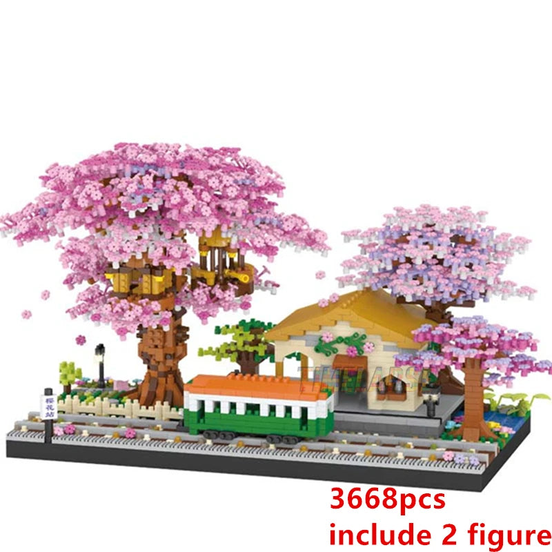 DIY Purple Romantic Cherry Blossom Flower Pink Tree House Train Assembly Building Blocks Classic Model Bricks Sets Kid