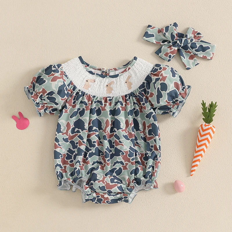 Toddler Girls Easter Outfits Bunny Embroidered Short Sleeve Rompers Round Neck Summer Jumpsuits Bodysuits for Infants