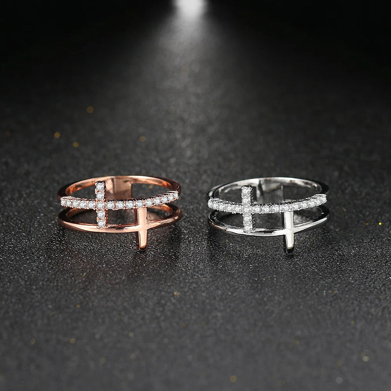 Double Cross Rings for Women Minimalist Cubic Zirconia Rose Gold Color Finger Accessories Female Jewelry Large Size R758