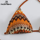 Nadanbao Sexy Knit Floral Print Bikini Sets Swimwear Women Brown Backless Fashion Swimsuit Female Halter Beach Party Bikini