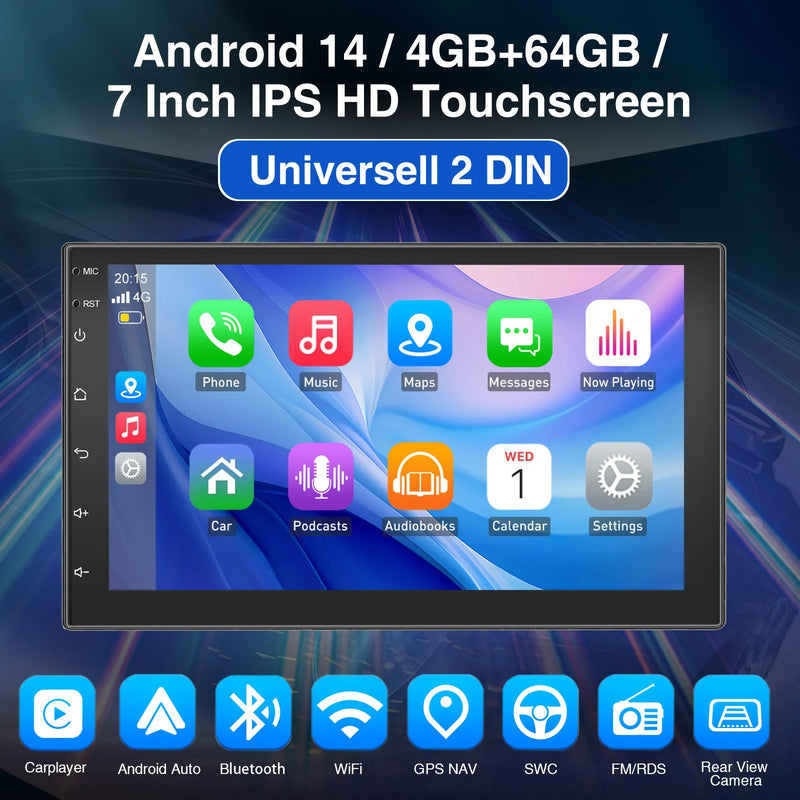 ESSGOO Car Stereo Radio Wireless CarPlay Android Auto 2 DIN 7" Car Stereo HD FM-Radio GPS Touch Screen Head Unit 4+64G DAB+ AHD