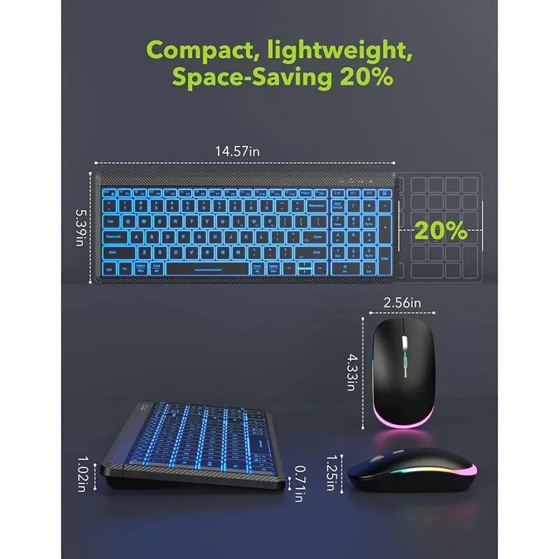 JOMAA Colors Backlit 2.4G Wireless Keyboard and Mouse Combo Rechargeable Multi-Device Bluetooth Keyboard with Number Pad