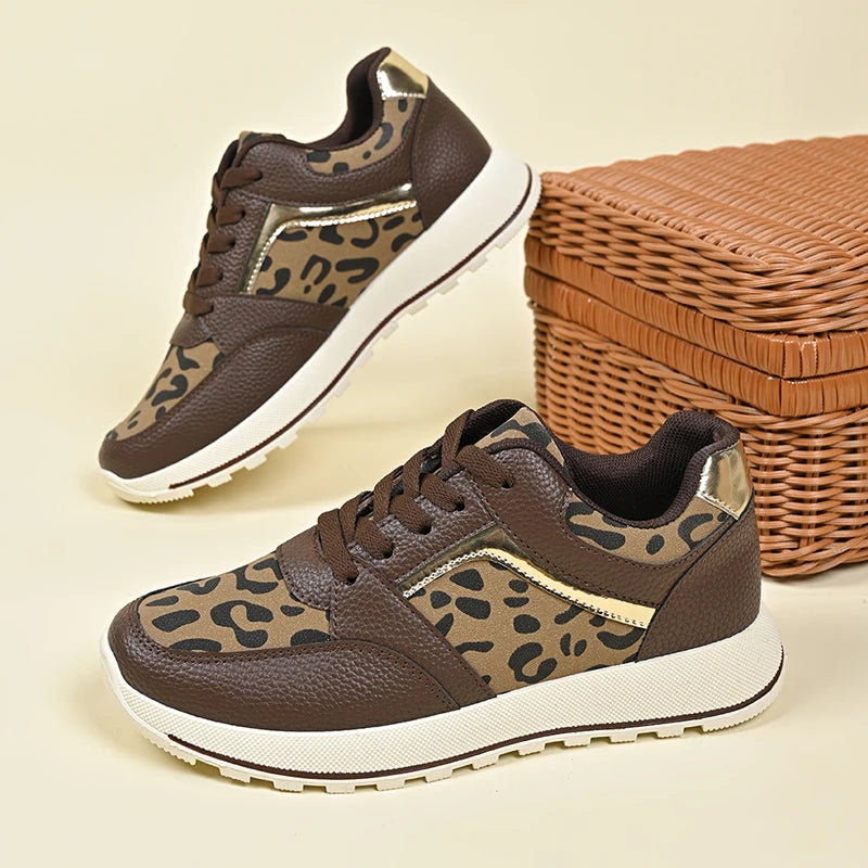 2025 Spring Leopard Print Platform Sneakers Women Black Thick Bottom Vulcanized Shoes Woman Cozy Lace Up Wedge Sport Shoes Woman