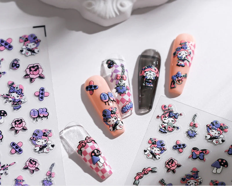 1PCS 5D Cartoon Kuromi Hello Kitty Nail Stickers Sanrio Animation Nail Art Decoration Sanrio Cute Melody Embossed Stickers