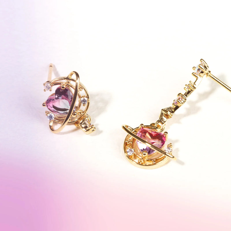 New Ins Asymmetric Moon Heart Earring For Women Cute Gold-plated Pink Zircon Heart Stud Earrings Fashion Aesthetic Jewelry Gift