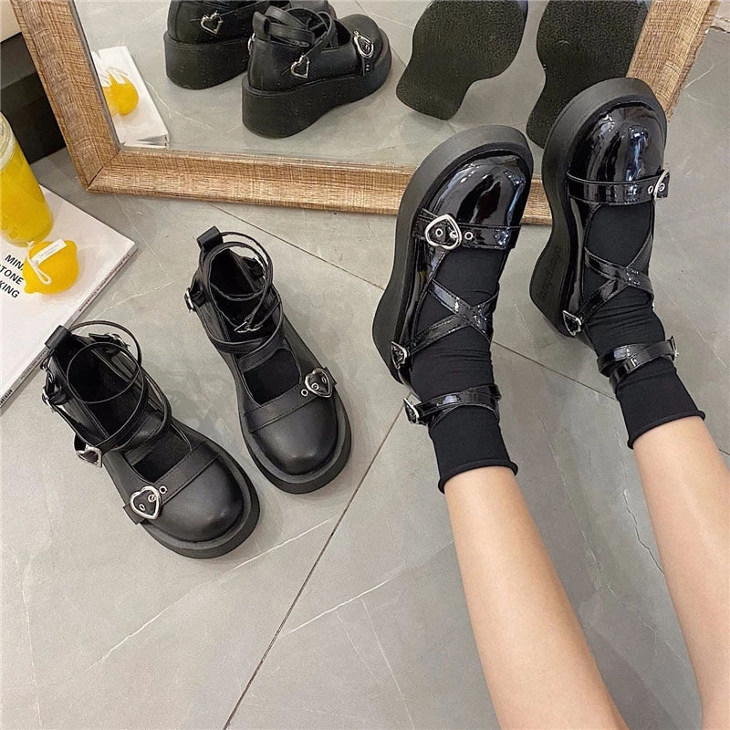 lolita shoes platform emo shoes on heels women loli thick heel cross bandage women shoes kawaii cosplay Mary Janes gothic shoes