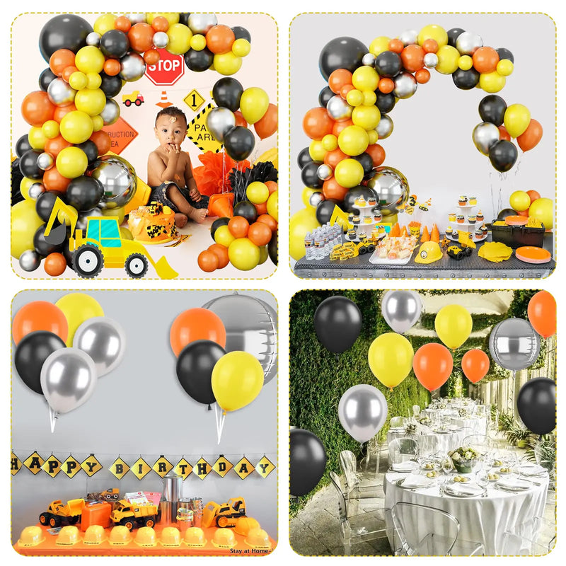 115PCS Orange Black Yellow Silver Construction Party Balloon Garland Kit for Kids Birthday Baby Shower Party Decoration Supply