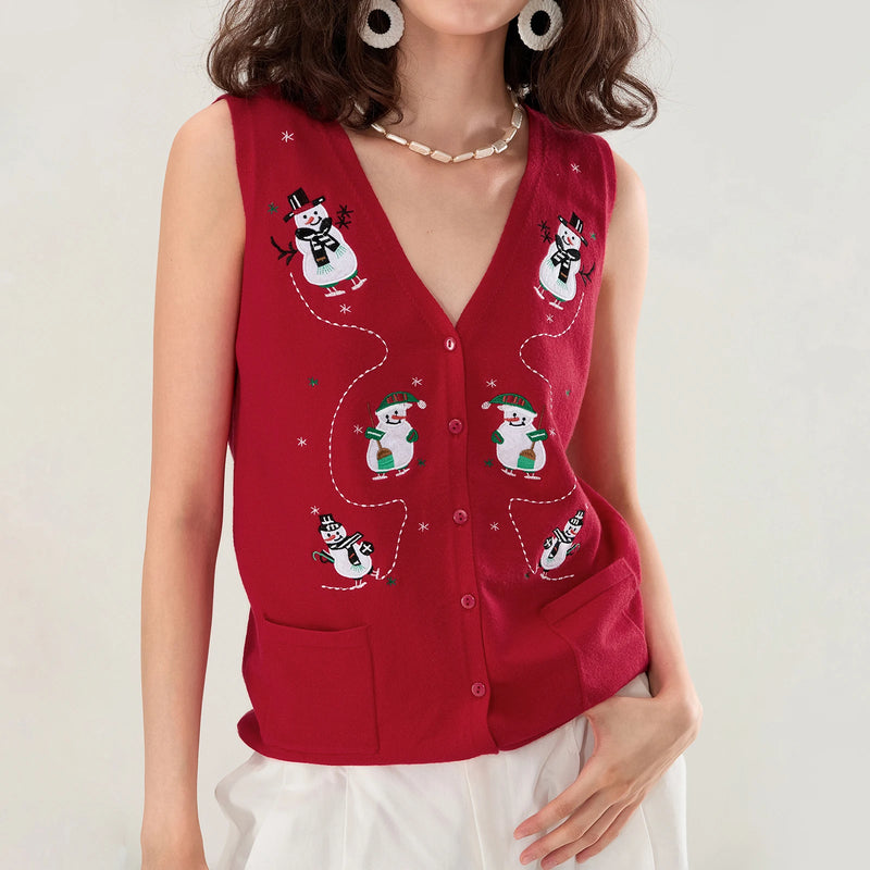 Fashion Women Christmas Sweater Vests Santa Claus Print Sleeveless Knit Cardigan Vest Christmas Holiday Tank Top Y2K Clothes