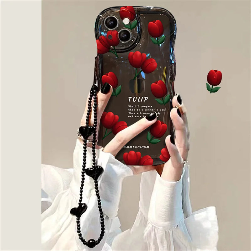 Korea Cute Wave Rose Flower Love Heart Hang Chain Soft Case For iPhone 14 Pro Max 12 13 11 X XS XR 7 8 Plus SE Clear Cover Capa