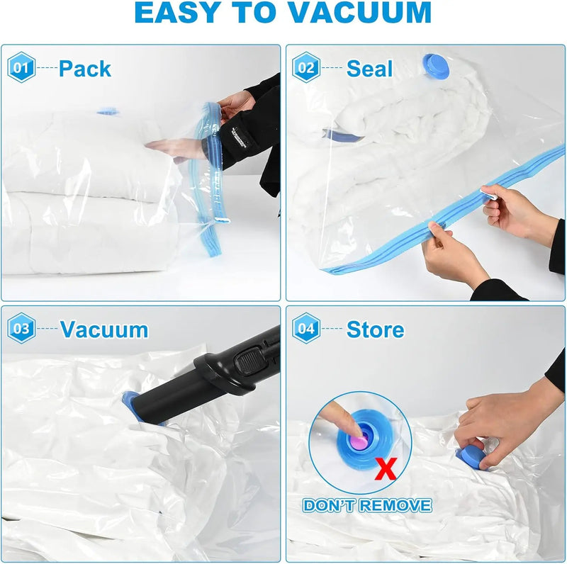 Vacuum Storage Bags with Hand Pump, Space Saving Compression Bags for Clothes, Blankets and Bedding, Reusable and Easy to Use