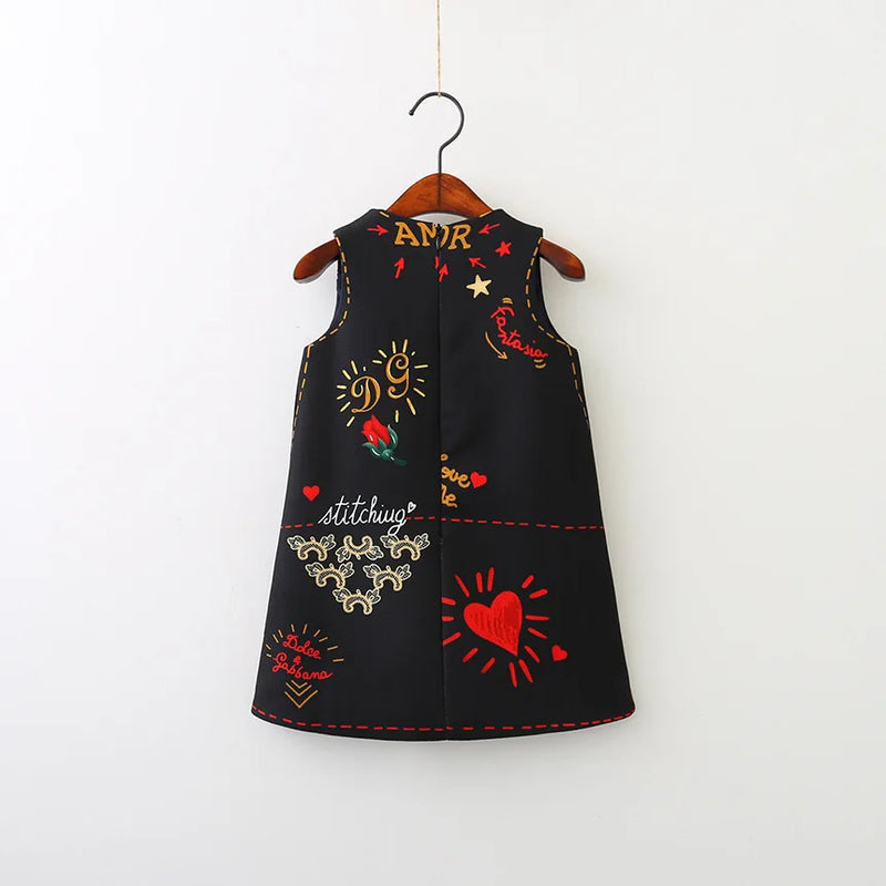 Girls Flower Princess Sundress Love Heart Embroidery Fashion Spring Autumn Vest Dress Baby Clothing E80703