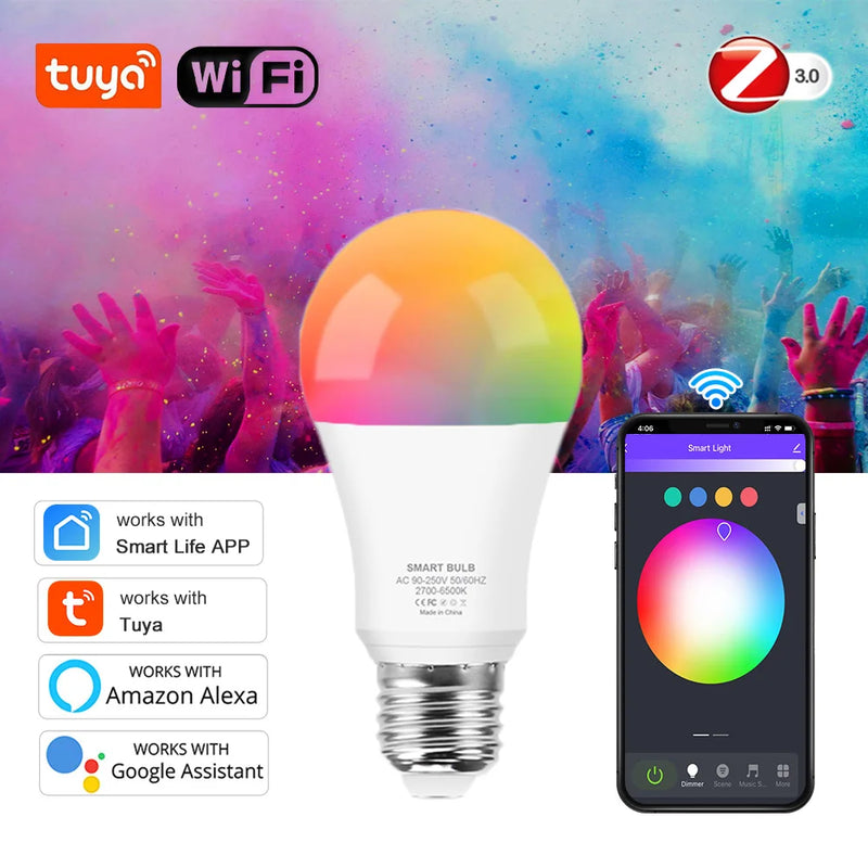 Tuya Wifi Smart Light Bulb RGB E27 Zigbee Led Bulb Smart Home Tuya Zigbee Lamp 110V 220V Alexa Smart Lamp  For Google Home