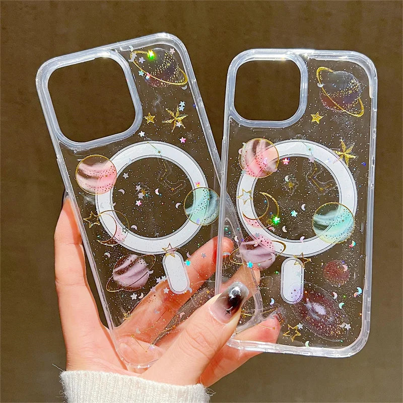 Fashion Wireless Charging Magnetic Glitter Planet Stars Clear Phone Case For iPhone 13 11 13 14 15 Pro Max Soft TPU Back Cover