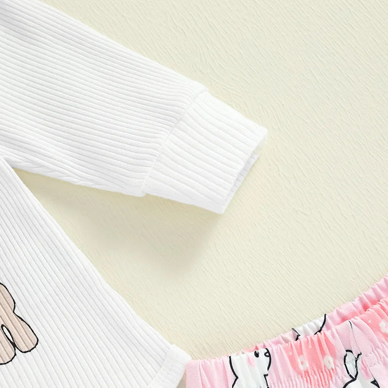 Adorable Baby Girl Easter Outfits with Cute Bunny Print Long Sleeve Romper Flare Pants and Matching Headband - 3 Piece Set