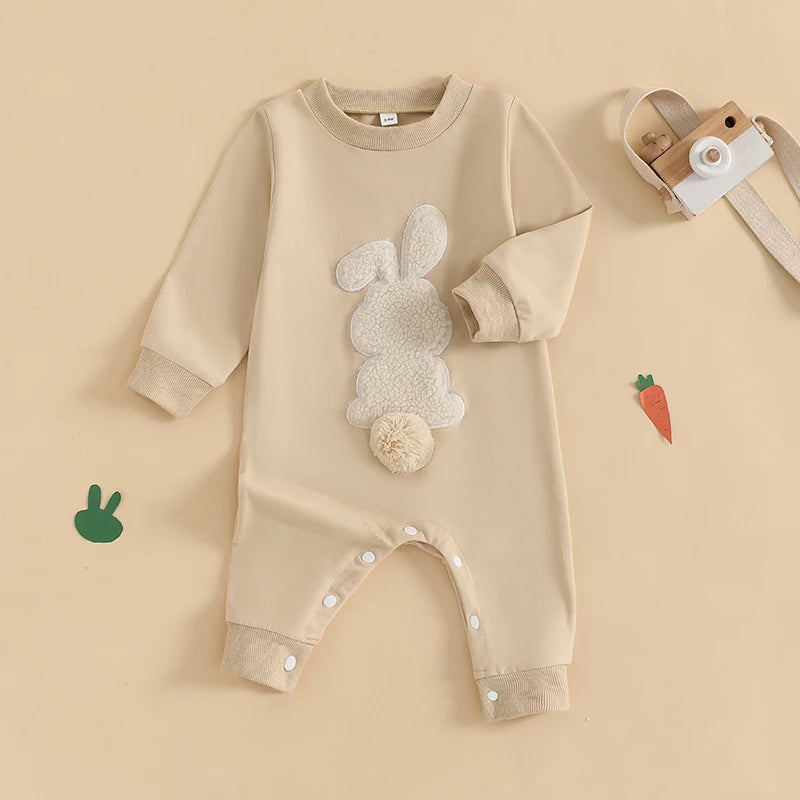 Lioraitiin Baby Girls Boys Easter Rompers Plush Bunny Embroidery Fur Ball Design Crew Neck Long Sleeve Spring Infant Jumpsuit