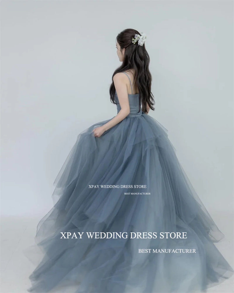 XPAY Dusty Blue Korea A Line Evening Dresses Photo Shoot Ruffles Tiered Fairy Tulle Evening Gown Customised Corset Prom Dress