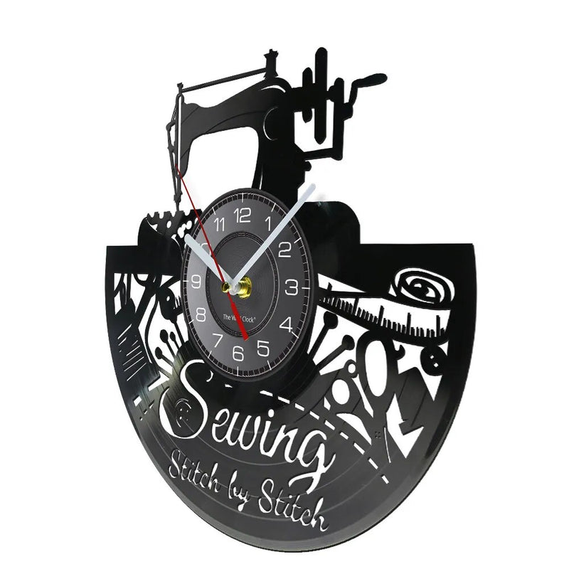 Stitch By Stitch Sewing Quotes Wall Art Vinyl Record Wall Clock Sewing Machine Fashion Wall Decor Vintage Quilting Wall Clock