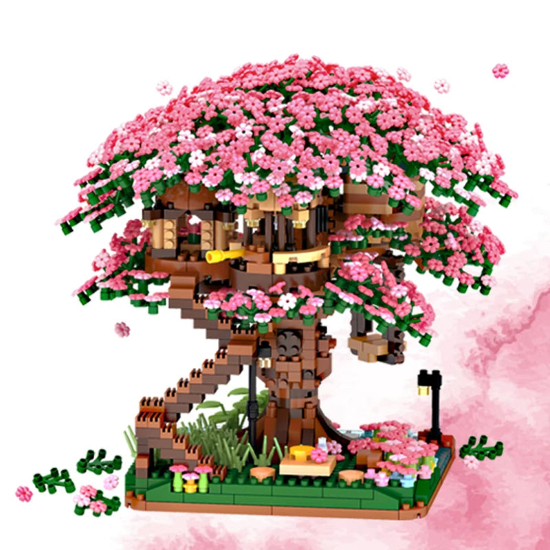 2008PCS Difficult Pink Green Purple Sakura House Tree Building Blocks Bonsai Assemble Diamond Bricks Toys Gift For Friend