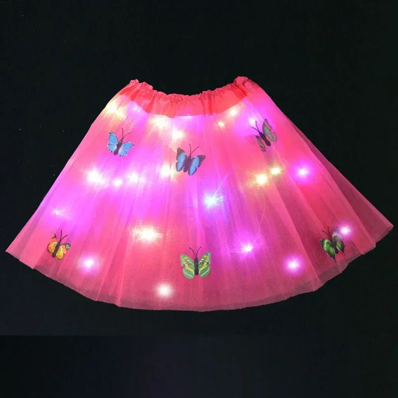 Princess Girl Butterfly Light Fairy Tutu LED Skirt Glow Flower Headband Birthday Gift Fancy Party Christmas Halloween Festival