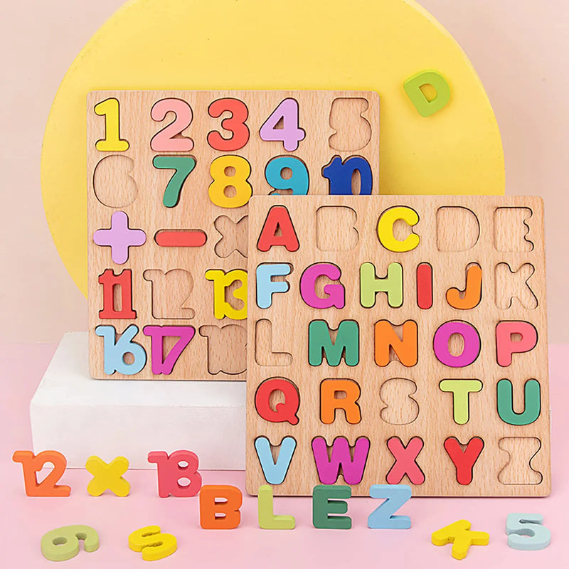 Kids Wooden 3D Alphabet Number Puzzle Toy Baby Colorful Letter Digital Shape Board Educational Toy for Toddler Boy and Girl Gift