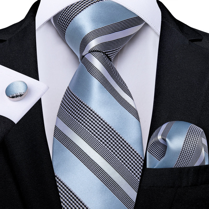 Gift Men Tie Teal Blue White Striped Silk wedding Tie For Men DiBanGu Designer Hanky Cufflink Quality Men Tie Set Business 7339