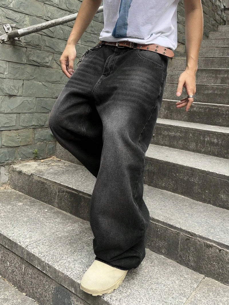 1Pc Men's Daily Travel Casual American Street Loose Jeans, Black, Light Blue, Sea Blue Fashion Street Style Retro Lantern Jeans Jeans Denim Pants