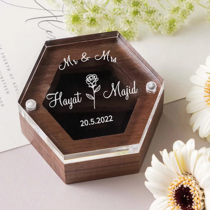 Personalized Engraved Wedding Ring Box, Proposal Gift Acrylic Cover and Wood Base Custom Rings, Engagement Wedding Decorations