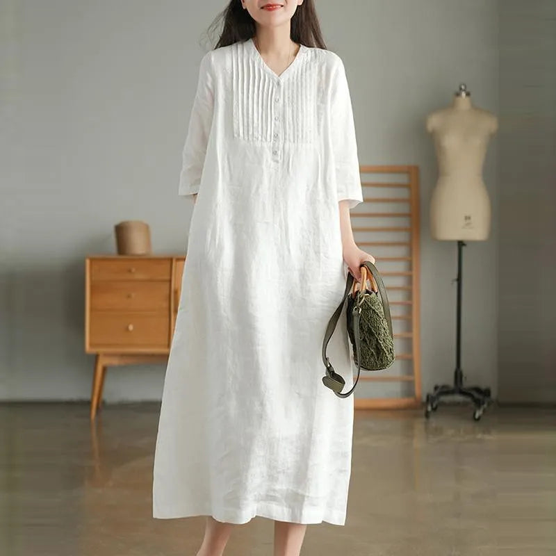 Women Summer Casual Dress New Arrival 2024 Vintage Style V-neck Solid Color Loose Female Cotton Linen Long Dresses B3334