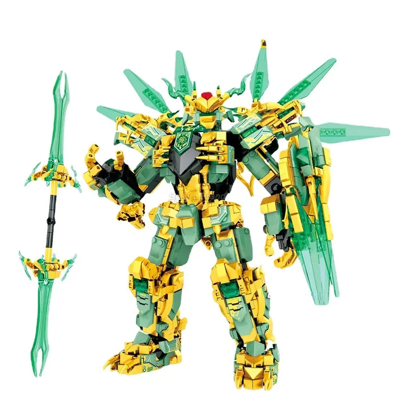 2in1 Ninja Golden Warrior Robot Mech 2 Heads Flying Dragons Set Fighter Figures Building Blocks Toys for Kids Boys Chritmas Gift